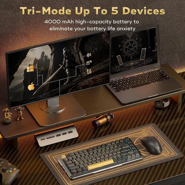 Alt view image 5 of 5 - FOR-K738 Wireless Mechanical Keyboard, Gasket Mounted RGB Gaming Keyboard, 3-Mode (2.4G/BT/USB), Pre-lubed Linear Switches, 75 Layout, 82 Keys Hot Swappable for PC/Mac - Black Gold