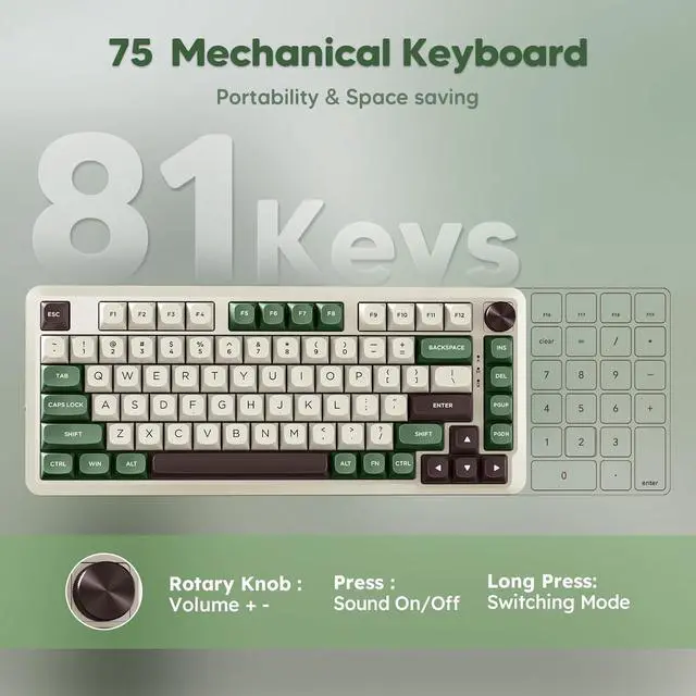 Alt view image 6 of 6 - K681 Pro Wireless Mechanical Keyboard, Gasket Mounted RGB Gaming Keyboard with Volume Knob, MDA-Profile, Pre-Lubed Linear Switches, 81 Keys 75 Tri-Mode Hot Swappable for PC/Xbox/PS (Matcha)