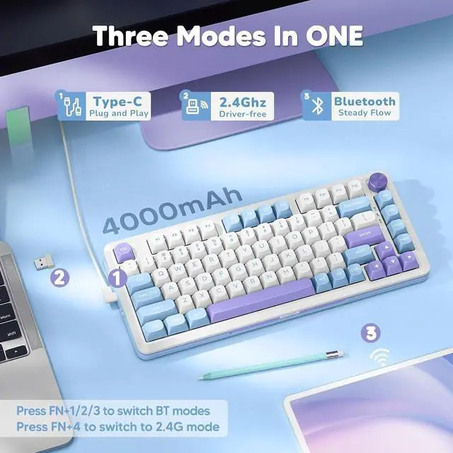 Alt view image 4 of 5 - K681 Wireless Mechanical Keyboard, Gasket Mounted RGB Gaming Keyboard with Volume Knob, MDA-Profile, Pre-Lubed Linear Switches, 81 Keys 75 Tri-Mode Hot Swappable for PC/Xbox/Ps (Periwinkle)