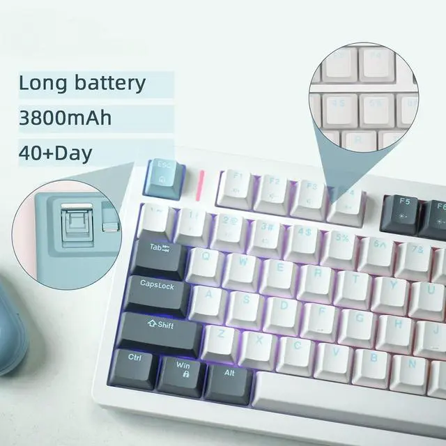 Alt view image 2 of 5 - FE75Pro Wireless RGB Hot Swappable Mechanical Keyboard, Three-Layer Dampening 81 Keys Gaming Keyboard, Customizable Backlit, USB-C/2.4GHz/Bluetooth- White/Blue