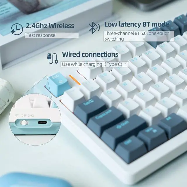 Alt view image 4 of 5 - FE75Pro Wireless RGB Hot Swappable Mechanical Keyboard, Three-Layer Dampening 81 Keys Gaming Keyboard, Customizable Backlit, USB-C/2.4GHz/Bluetooth- White/Blue