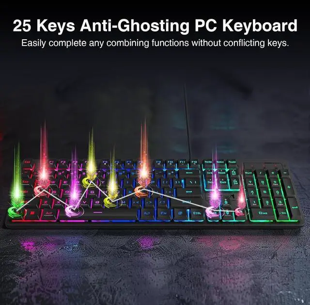 Alt view image 4 of 5 - S107 Gaming Keyboard and Mouse, RGB Gaming Keyboard and 3200 DPI Mouse Combo with Large Mouse Pad, 25-Key Anti-Ghosting, Mechanical Feeling Keyboard, Plug & Play to PC, Laptop