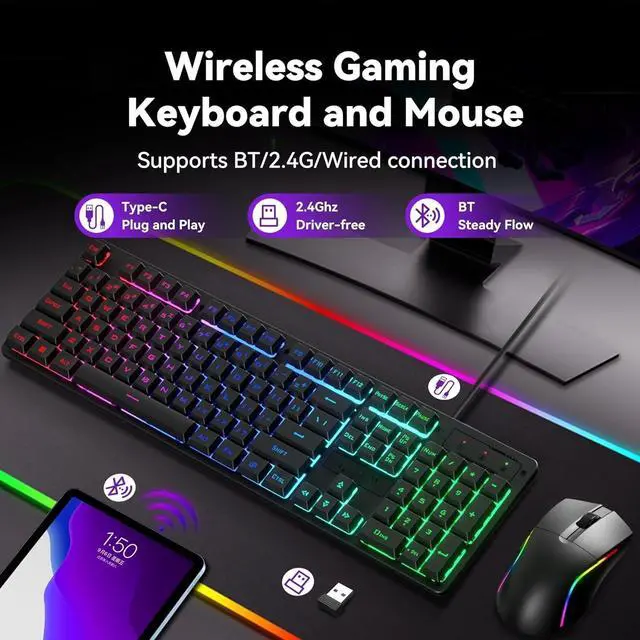 Alt view image 2 of 4 - FOR-S107KS Wireless Gaming Keyboard and Mouse, RGB Backlit, 3 Mode (Wired/2.4G/BT), Up to 10,000 DPI Gaming Mouse with Software, Ultra Lightweight 65g, 25 Key Anti-Ghosting Keyboard for PC