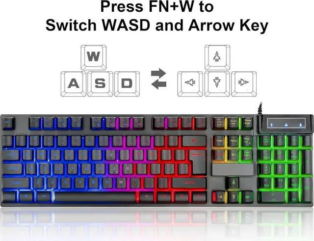 Alt view image 4 of 4 - Keyboard and Mouse Gaming LED Wired Combo with Emitting Character Keyboard 4800DPI 2 Side Button USB Mouse Rainbow Backlit Mechanical Feeling Compatible with PC Raspberry Pi Mac Xbox one ps4