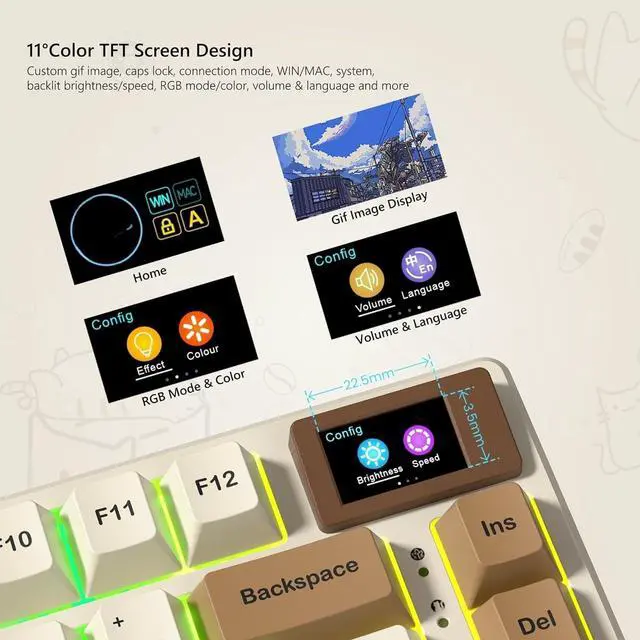 Alt view image 2 of 5 - FOR-SK80 Retro 75% Keyboard with Color Multimedia Display Mechanical Gaming Keyboard, Hot Swappable Gasket Mount RGB Custom Key Board, Pre-lubed Stabilizer for Mac/Win,Coffee Cat