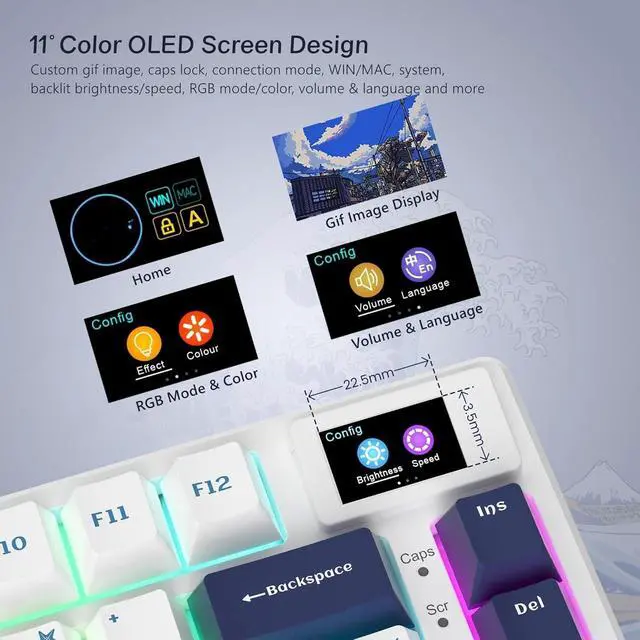 Alt view image 2 of 5 - S-K80 75% Keyboard with Color Multimedia Display Mechanical Gaming Keyboard, Wired Hot Swappable Gasket Mount RGB Custom Key Board, Pre-lubed Stabilizer for Mac/Win, White Kanagawa