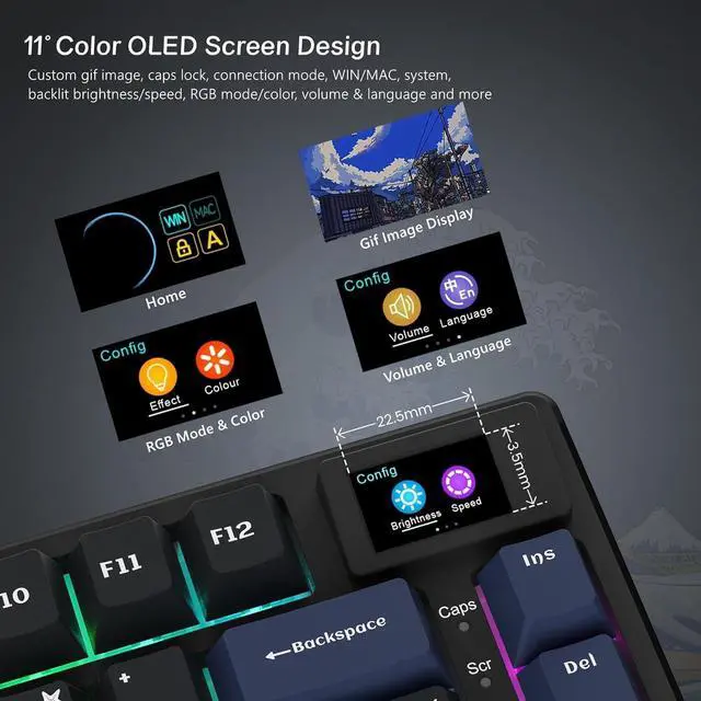 Alt view image 2 of 4 - S-K80 75% Keyboard with Color Multimedia Display Mechanical Gaming Keyboard, Wired Hot Swappable Gasket Mount RGB Custom Key Board, Pre-lubed Stabilizer for Mac/Win, Black Kanagawa
