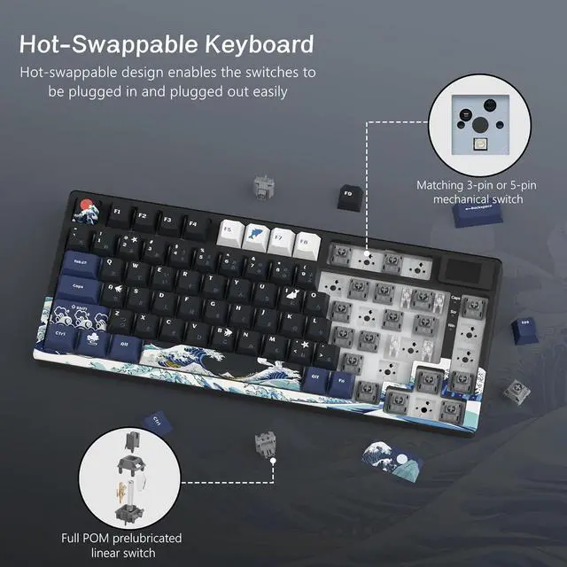 Alt view image 4 of 4 - S-K80 75% Keyboard with Color Multimedia Display Mechanical Gaming Keyboard, Wired Hot Swappable Gasket Mount RGB Custom Key Board, Pre-lubed Stabilizer for Mac/Win, Black Kanagawa