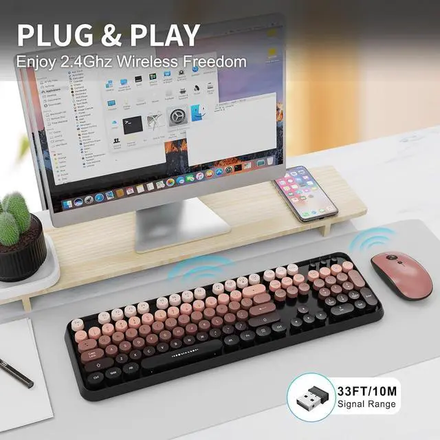 Alt view image 2 of 5 - Wireless Keyboard Mouse Combo,104 Round Keys Cute Colorful Keyboard with Retro Typewriter Style,Full Size Keyboard with Number Pad&Mouse with 3 DPI for PC Mac Laptop Computer Windows-Black