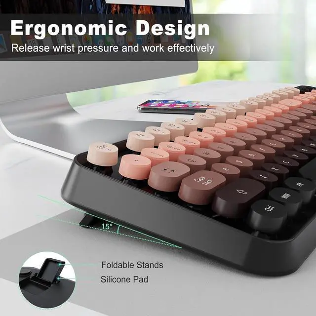 Alt view image 3 of 5 - Wireless Keyboard Mouse Combo,104 Round Keys Cute Colorful Keyboard with Retro Typewriter Style,Full Size Keyboard with Number Pad&Mouse with 3 DPI for PC Mac Laptop Computer Windows-Black