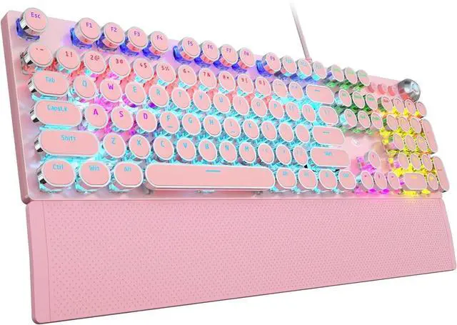 Main image of F2088 Typewriter Style Mechanical Gaming Keyboard,Rainbow LED Backlit,Removable Wrist Rest,Media Control Knob,Retro Punk Round Keycaps,USB Wired Computer Keyboard,Pink