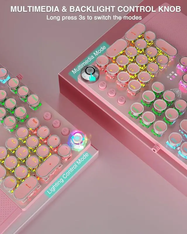 Alt view image 5 of 5 - F2088 Typewriter Style Mechanical Gaming Keyboard,Rainbow LED Backlit,Removable Wrist Rest,Media Control Knob,Retro Punk Round Keycaps,USB Wired Computer Keyboard,Pink