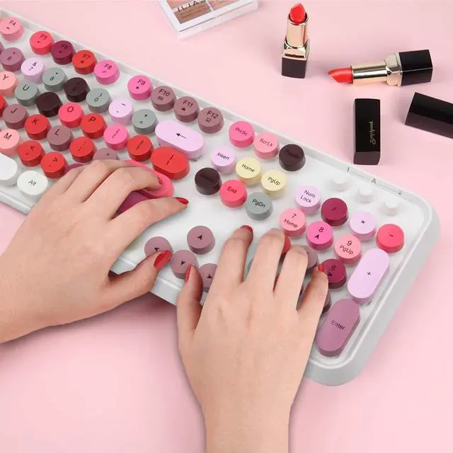 Alt view image 2 of 5 - FOR-Wireless Retro Keyboard Cute Mouse Combo, 2.4GHz USB Wireless Typewriter Keyboard with 104 Colorful Round Key, Full Size with 3 DPI for PC Laptop Desktop