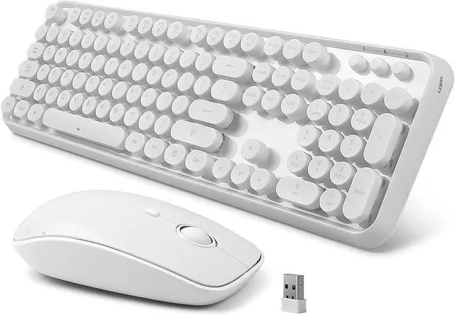 Main image of Wireless Keyboard Mouse Combo, 2.4GHz White Wireless Keyboard Typewriter, Full Size Office Computer Retro Keyboard and Optical Cute Mouse with 3 DPI for Mac PC Desktop Laptop