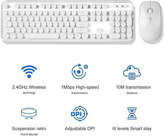 Alt view image 3 of 4 - Wireless Keyboard Mouse Combo, 2.4GHz White Wireless Keyboard Typewriter, Full Size Office Computer Retro Keyboard and Optical Cute Mouse with 3 DPI for Mac PC Desktop Laptop
