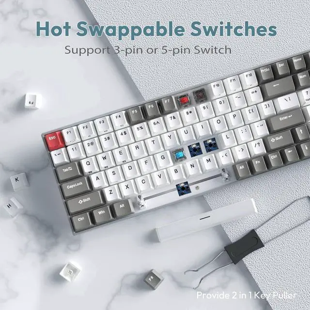 Alt view image 2 of 5 - Wireless Mechanical Keyboard RGB Backlit Bluetooth5.1/2.4G/Wired 96% Full Size 100-Key Hot Swappable Gaming Keyboard Brown Switch Carbon
