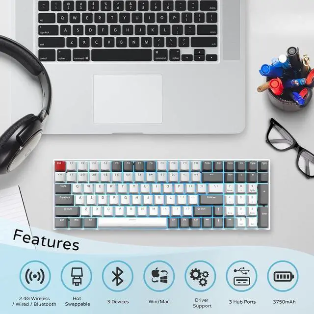 Alt view image 5 of 5 - FOR-Wireless Mechanical Keyboard RGB Backlit Bluetooth5.1/2.4G/Wired 96% Full Size 100-Key Hot Swappable Gaming Keyboard Red Switch Classic