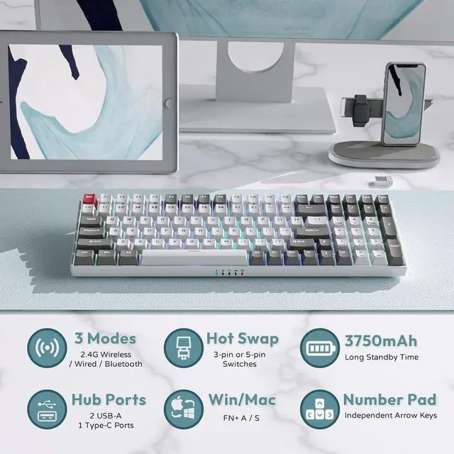 Alt view image 4 of 5 - Wireless Mechanical Keyboard RGB Backlit Bluetooth5.1/2.4G/Wired 96% Full Size 100-Key Hot Swappable Gaming Keyboard Brown Switch Carbon
