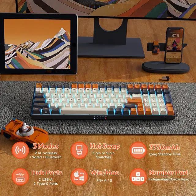 Alt view image 4 of 5 - FOR-Wireless Mechanical Keyboard RGB Backlit Bluetooth5.1/2.4G/Wired 96% Full Size 100-Key Hot Swappable Gaming Keyboard Brown Switch Carbon