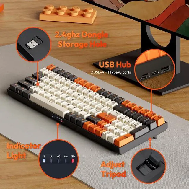 Alt view image 4 of 5 - Wireless Mechanical Keyboard RGB Backlit Bluetooth5.1/2.4G/Wired 96% Full Size 100-Key Hot Swappable Gaming Keyboard Red Switch Carbon