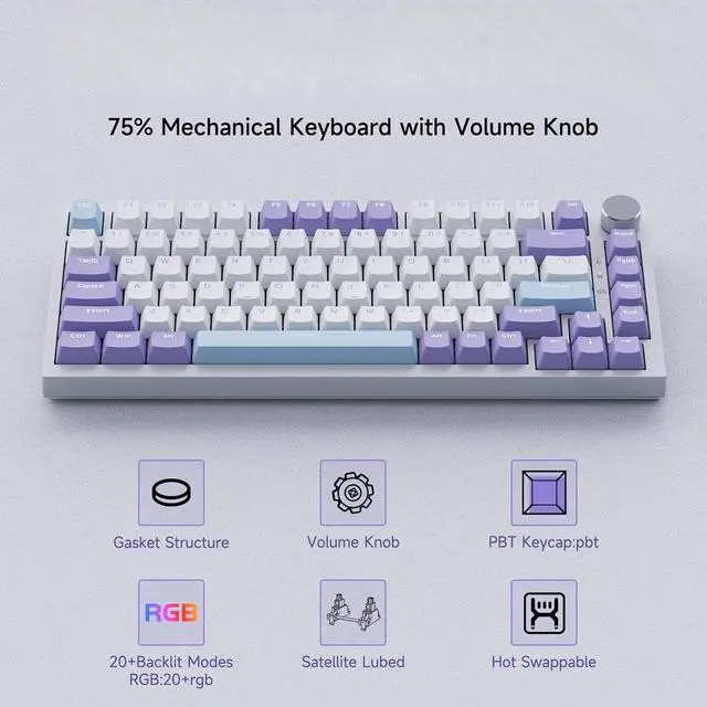 Alt view image 2 of 5 - 75% Wired Gasket Mechanical Gaming Keyboard with Volume Knob - South Facing LED - Poron Foam - PBT Keycaps - Programmable RGB Hot Swap Keyboard