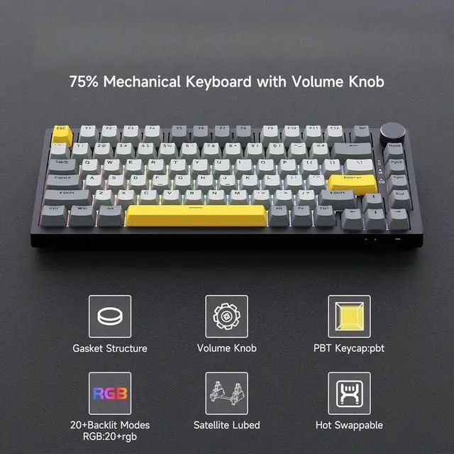 Alt view image 2 of 5 - 75% Wired Gasket Mechanical Gaming Keyboard with Volume Knob - South Facing LED - PBT Keycaps - Programmable RGB Hot Swap Keyboard