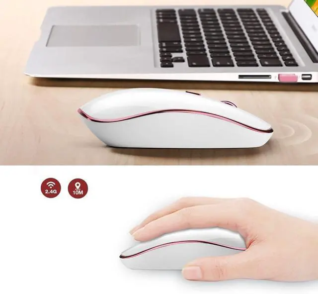Alt view image 5 of 5 - Wireless Mouse for Laptop - Ultra Thin, Silent, 2400 DPI Portable Optical Mouse for Laptop,Computer,MacBook,Windows, Chromebook, PC (White + Pink)