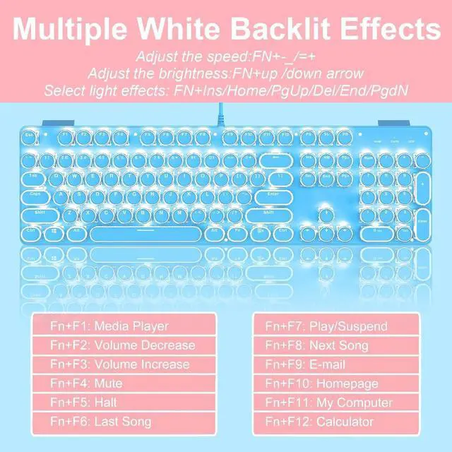 Alt view image 3 of 5 - Typewriter Style Mechanical Gaming Keyboard RGB Backlit Wired with Blue Switch Retro Round Keycap 104 Keys Keyboard (Blue 104 Keys LED)