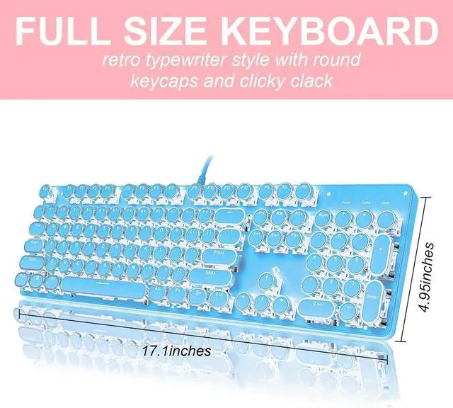 Alt view image 5 of 5 - Typewriter Style Mechanical Gaming Keyboard RGB Backlit Wired with Blue Switch Retro Round Keycap 104 Keys Keyboard (Blue 104 Keys LED)