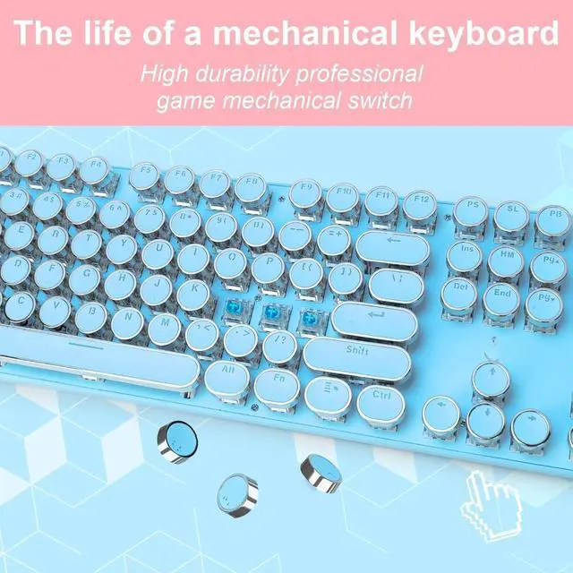 Alt view image 4 of 5 - Typewriter Style Mechanical Gaming Keyboard RGB Backlit Wired with Blue Switch Retro Round Keycap 104 Keys Keyboard (Blue 104 Keys LED)