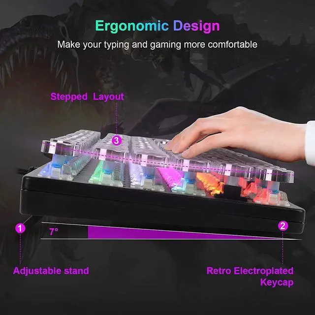 Alt view image 4 of 5 - Typewriter Style Mechanical Gaming Keyboard LED Backlit Wired with Blue Switch Retro Round Keycap 104 Keys Keyboard (Black 104 Keys LED)