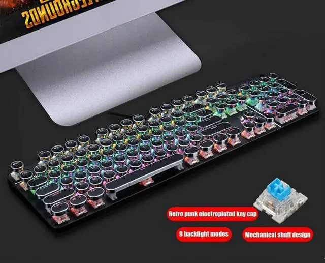 Alt view image 2 of 5 - Typewriter Style Mechanical Gaming Keyboard LED Backlit Wired with Blue Switch Retro Round Keycap 104 Keys Keyboard (Black 104 Keys LED)