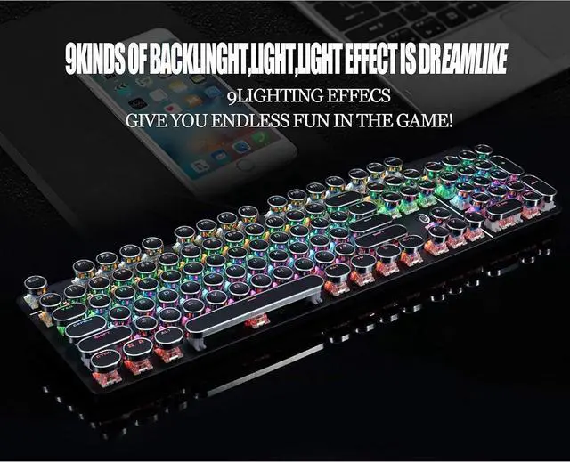 Alt view image 3 of 5 - Typewriter Style Mechanical Gaming Keyboard LED Backlit Wired with Blue Switch Retro Round Keycap 104 Keys Keyboard (Black 104 Keys LED)
