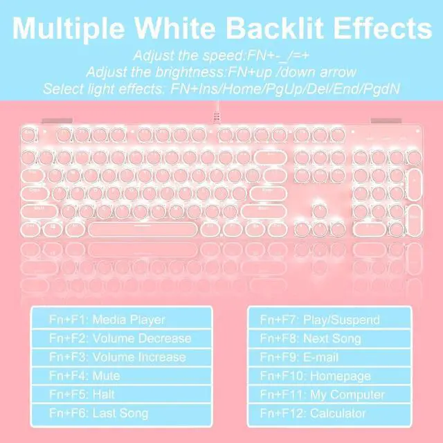 Alt view image 4 of 5 - Typewriter Style Mechanical Gaming Keyboard LED Backlit Wired with Blue Switch Retro Round Keycap 104 Keys Keyboard (Pink 104Keys LED)