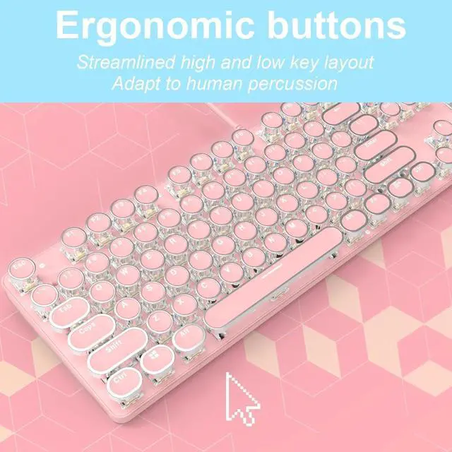 Alt view image 2 of 5 - Typewriter Style Mechanical Gaming Keyboard LED Backlit Wired with Blue Switch Retro Round Keycap 104 Keys Keyboard (Pink 104Keys LED)