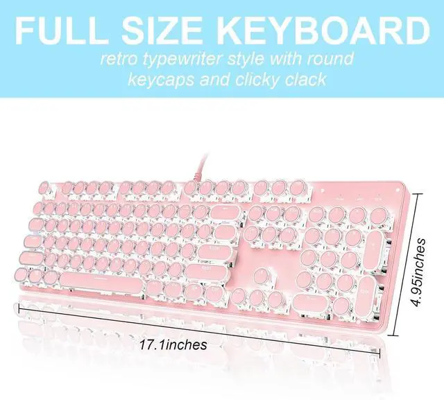 Alt view image 5 of 5 - Typewriter Style Mechanical Gaming Keyboard LED Backlit Wired with Blue Switch Retro Round Keycap 104 Keys Keyboard (Pink 104Keys LED)