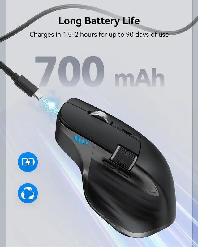 Alt view image 5 of 5 - Wireless Mouse, Bluetooth Mouse (BT5.0/5.0 & 2.4G) Rechargeable 4800 DPI Ergonomic Optical Mouse with 6 Adjustable, Quiet Clicks, USB A Receiver, 7 Buttons, Wide Compatibility - Black