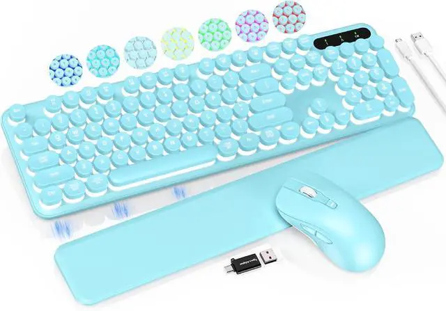 Main image of Wireless Keyboard and Mouse Backlit - Typewriter Keyboard with Retro Round Keycaps, Detachable Wrist Rest, Light Up Letters, 2.4G Rechargeable Combo for Mac, Windows, PC, Laptop