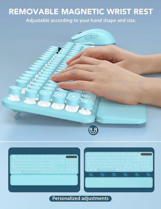 Alt view image 3 of 5 - Wireless Keyboard and Mouse Backlit - Typewriter Keyboard with Retro Round Keycaps, Detachable Wrist Rest, Light Up Letters, 2.4G Rechargeable Combo for Mac, Windows, PC, Laptop