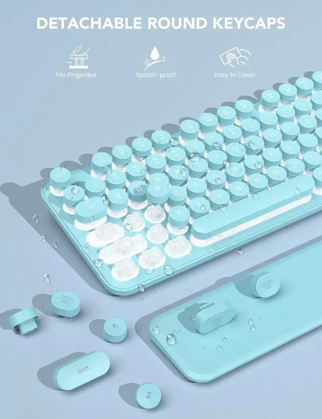 Alt view image 4 of 5 - Wireless Keyboard and Mouse Backlit - Typewriter Keyboard with Retro Round Keycaps, Detachable Wrist Rest, Light Up Letters, 2.4G Rechargeable Combo for Mac, Windows, PC, Laptop, (Aqua Blue)