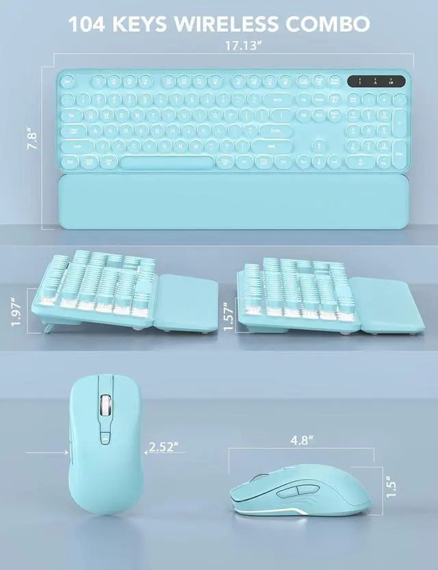Alt view image 5 of 5 - Wireless Keyboard and Mouse Backlit - Typewriter Keyboard with Retro Round Keycaps, Detachable Wrist Rest, Light Up Letters, 2.4G Rechargeable Combo for Mac, Windows, PC, Laptop, (Aqua Blue)