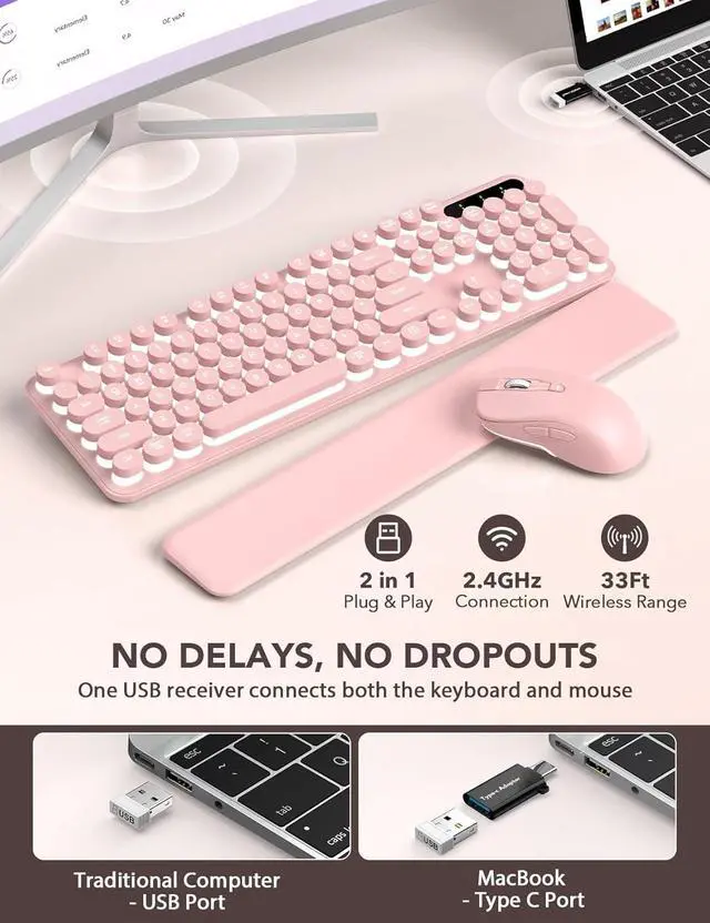 Alt view image 4 of 5 - Wireless Keyboard and Mouse Backlit - Typewriter Keyboard with Retro Round Keycaps, Detachable Wrist Rest, Light Up Letters, 2.4G Rechargeable Combo for Mac, Windows, PC, Laptop