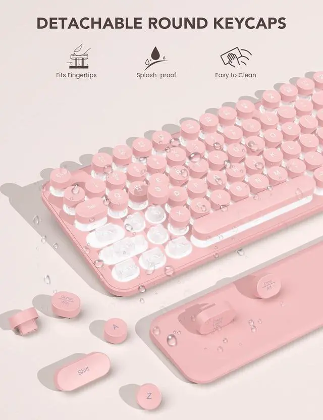 Alt view image 5 of 6 - FOR-Wireless Keyboard and Mouse Backlit - Typewriter Keyboard with Retro Round Keycaps, Detachable Wrist Rest, Light Up Letters, 2.4G Rechargeable Combo for Mac, Windows, PC, Laptop, (Pink)