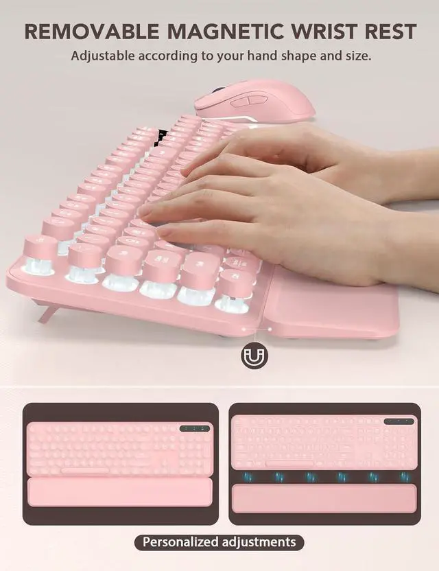 Alt view image 3 of 5 - Wireless Keyboard and Mouse Backlit - Typewriter Keyboard with Retro Round Keycaps, Detachable Wrist Rest, Light Up Letters, 2.4G Rechargeable Combo for Mac, Windows, PC, Laptop
