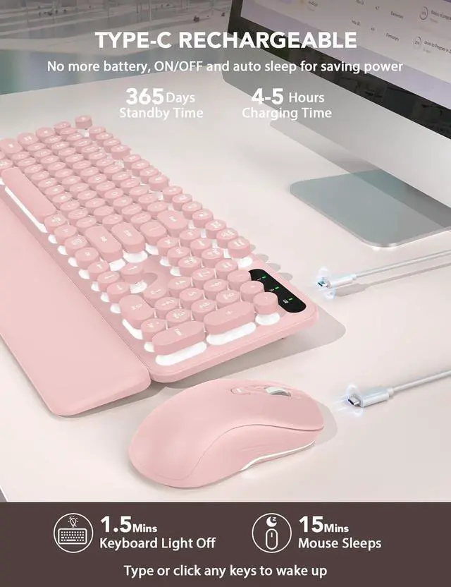 Alt view image 5 of 5 - Wireless Keyboard and Mouse Backlit - Typewriter Keyboard with Retro Round Keycaps, Detachable Wrist Rest, Light Up Letters, 2.4G Rechargeable Combo for Mac, Windows, PC, Laptop