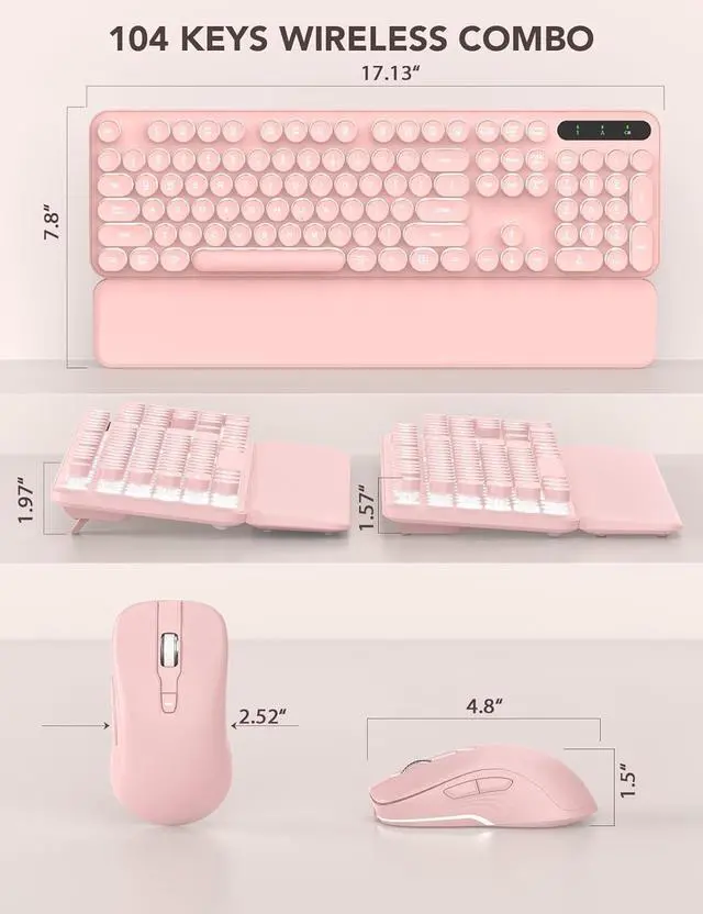 Alt view image 6 of 6 - FOR-Wireless Keyboard and Mouse Backlit - Typewriter Keyboard with Retro Round Keycaps, Detachable Wrist Rest, Light Up Letters, 2.4G Rechargeable Combo for Mac, Windows, PC, Laptop, (Pink)