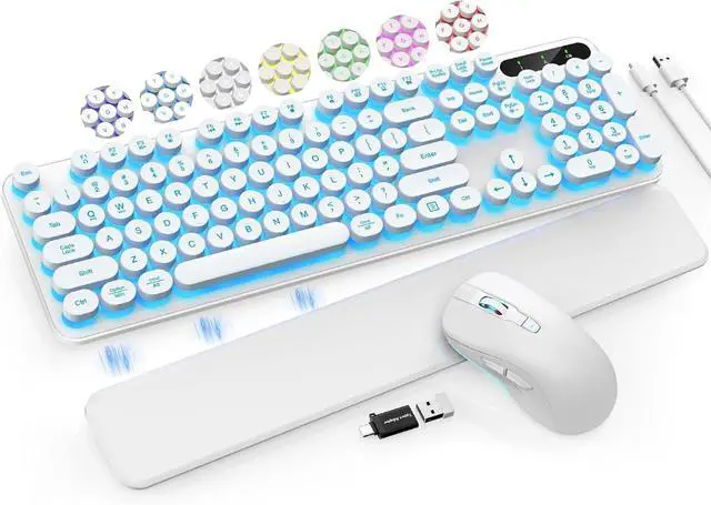 Main image of Wireless Keyboard and Mouse Backlit - Typewriter Keyboard with Retro Round Keycaps, Detachable Wrist Rest, Light Up Letters, 2.4G Rechargeable Combo for Mac, Windows, PC, Laptop