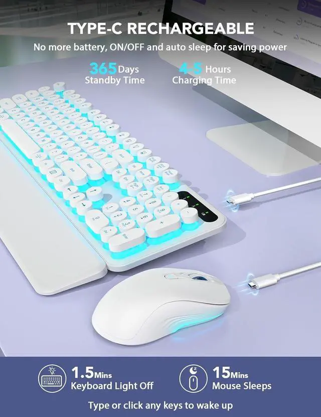 Alt view image 4 of 5 - Wireless Keyboard and Mouse Backlit - Typewriter Keyboard with Retro Round Keycaps, Detachable Wrist Rest, Light Up Letters, 2.4G Rechargeable Combo for Mac, Windows, PC, Laptop