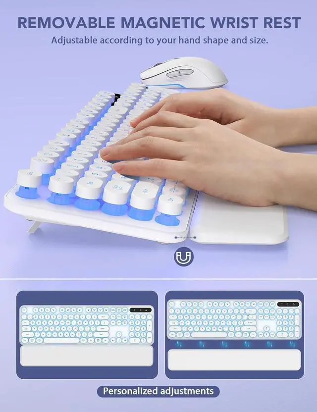 Alt view image 3 of 5 - Wireless Keyboard and Mouse Backlit - Typewriter Keyboard with Retro Round Keycaps, Detachable Wrist Rest, Light Up Letters, 2.4G Rechargeable Combo for Mac, Windows, PC, Laptop