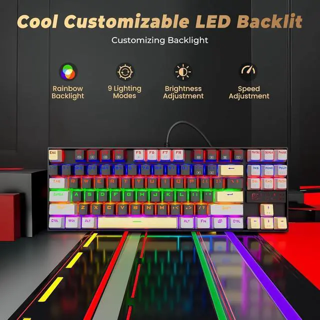 Alt view image 2 of 5 - K552 Mechanical Gaming Keyboard, 87-Key Compact, LED Gaming Keyboard with Red Switches, Anti-Ghosting, Metal Frame for PC Gaming & Typing, Beginner-Friendly (Eclipse Gilded)